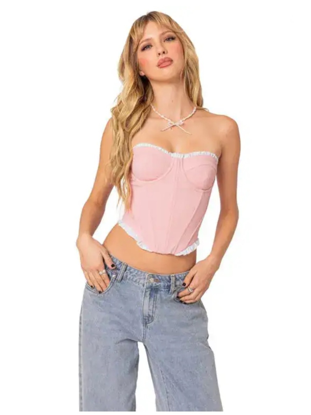 NWOT Edikted Tempting Textured Ruffle Hem Corset Top in Pink XS